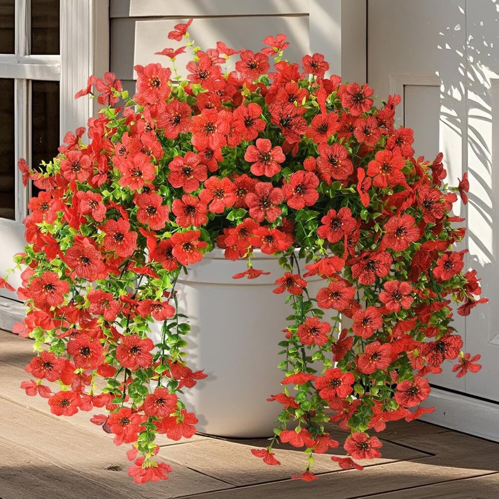 Red Artificial Hanging Real Faux 2-Pcs Flowers Plants Outdoors Home Decor